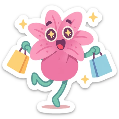 pastel magenta lily flower with sparkling eyes and open mouth, jumping with joy while holding shopping bags, round and bouncy, pastel-toon style sticker