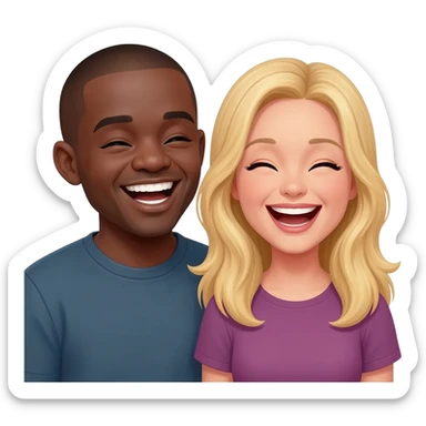 Black man with shaved head laughing blonde woman laughing sticker