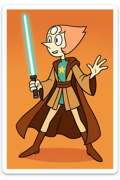 Pearl from Steven Universe wearing Jedi robes, elegant stance, glowing lightsaber, animated style sticker