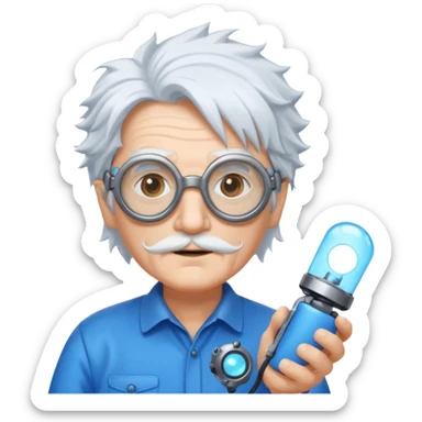 A quirky old inventor with wild white hair, goggles, and a glowing gadget in hand.
 sticker