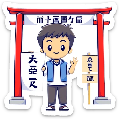 Japanese high school boy welcoming visitors with poster at cultural festival entrance sticker