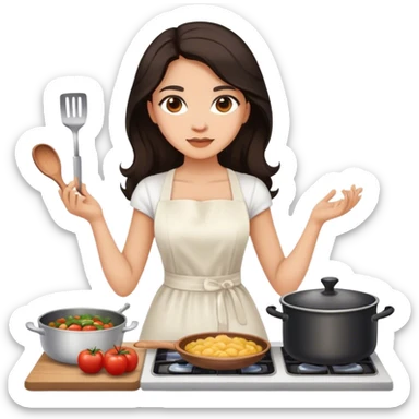 Beautiful woman in 1950’s woman fashion look, white dress, long dark brown hair, cooking sticker