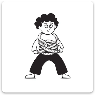 A person humorously tied up and tangled in rope with a silly expression, drawn in a lighthearted way sticker