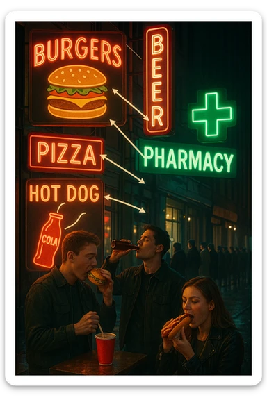 Realistic, vertical scene: a city street filled with bright, enticing advertisements for junk food and alcohol. In the foreground, people indulge in unhealthy foods and drinks, while in the background, a large pharmacy sign glows, and a line of people waits to buy medicine. Subtle arrows or visual cues connect the unhealthy choices to the need for medication, highlighting the cycle. in italiano sticker