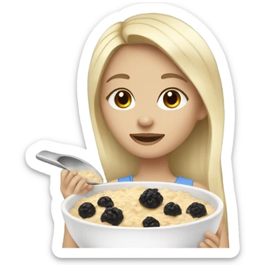 Pale girl with blonde highlights on black hair eating oatmeal sticker