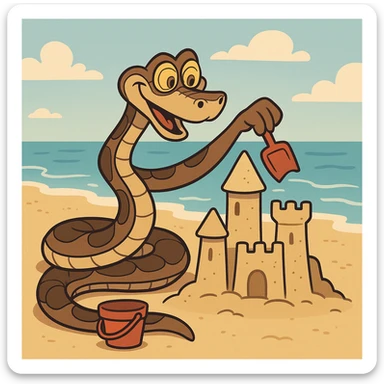 Kaa the snake from The Jungle Book building a sandcastle at the beach, playful cartoon style sticker