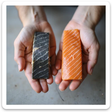 two hands each holding a salmon fillet, one gray and one orange, with neutral background, photographic style, 4K resolution sticker