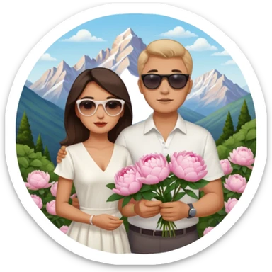 Couple traveling in Montenegro russian man and elegant  Latina girl delicate peonies and mountains in the background  sticker
