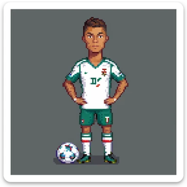 Cristiano Ronaldo in a football kit, ready to kick a ball, pixel art, retro 16-bit video game style, football pitch background, stadium lights, sharp pixel edges, rich colors, vintage look, focus on short hair, athletic build, confident expression sticker