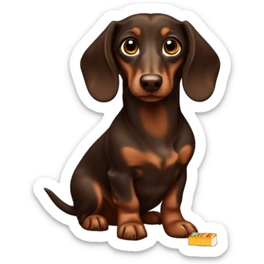 Dark Brown long haired dachs with light Brown eyes and Brown nose with a Choco bar sticker