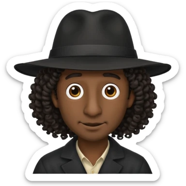 A man with a big nose and a black hat like a top hat but round and all black, with a strand of curly hair coming out from both sides of the hat, the strand of hair should be long  sticker