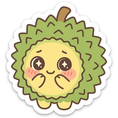 chibi-style round durian character with green spiky shell and yellow flesh, blushing and shy with sparkly eyes, pastel tones sticker