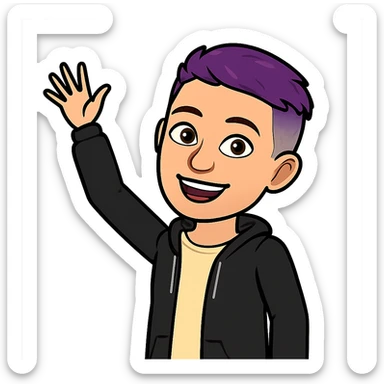 bitmoji style non-binary person with short purple hair, smiling and waving, cheerful expression sticker