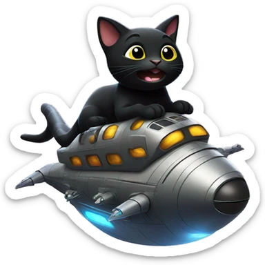 Black cat riding a spaceship onto a planet of dinosaurs  sticker