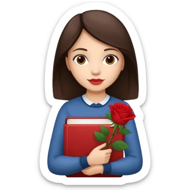 Brunette holds a stack of books + flower sticker
