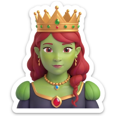 Princess Fiona as a classic fairytale princess, green ogre, red hair, wearing a crown sticker