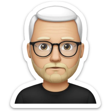 bald bearded blonde bald man with eyeglasses with black shirt sticker