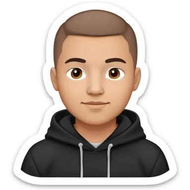 Latino man with light brown warm skin, round face, full cheeks, soft jaw, slight friendly smile, very very short almost buzz cut hair, medium eyebrows, medium eyes, straight nose, medium lips, wearing black hoodie with white logo, practical and hardworking vibe sticker