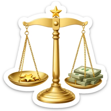 A shiny gold balance scale with dollar bills on the left side and three stars on the right side sticker