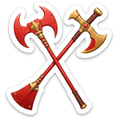 Ares battle axe object icon, ancient Greek war god axe, double-bladed heavy axe, red and gold metal, battle-worn scratches, glowing red accents, 3D cartoon, mobile game icon style, centered, clean background, soft shadow, no text, no watermark

 sticker