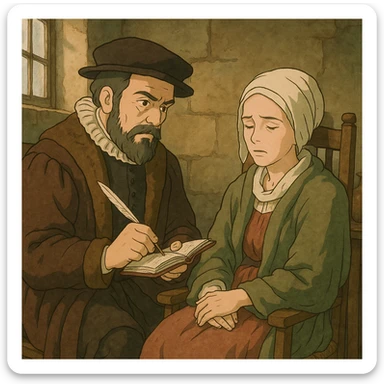 A doctor from the 1500s in Europe making written notes about a sick female patient in his care by carefully observing the patient who is ill and sitting in a chair in their home. sticker