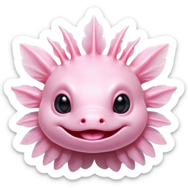 Cinematic Comical Axolotl Portrait Emoji, Head tilted dramatically with an exaggeratedly amused expression, featuring smooth, pale pink skin with ruffled, feathery gills and wide, expressive dark eyes filled with playful disbelief, Simplified yet hilariously expressive features, highly detailed, glowing with a slightly sassy glow, high shine, dramatic yet playful, stylized with an air of cheeky mischief, bright and endearing, soft glowing outline, capturing the essence of a spirited and over-the-top aquatic friend, so meme-worthy it feels like it could side-eye its way into internet fame instantly! sticker
