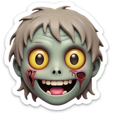 Cinematic Cute Zombie Portrait Emoji, with a delightfully quirky, slightly disheveled face in muted ashen hues, featuring quirky bright eyes and a playful, stitched-together smile, simplified yet irresistibly charming, highly detailed with a soft glowing outline that captures the adorable, offbeat spirit of a zombie who’s more cute than creepy! sticker
