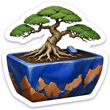 Aged two toned lapis blue terracotta Roots Stoneware akadama moss on soil irregular angular Stone Age rocks cracked crags and broken rough edges forming a very shallow Yixing bonsai pot sticker