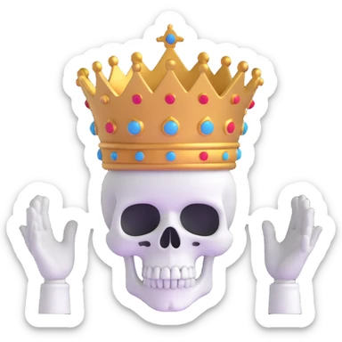 A shocked skull with a crown on top, both hands raised pressing on its head in disbelief, black and white sticker