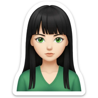 A white woman with Long straight hair with bangs, black hair, green eyes and a low-cut shirt sticker