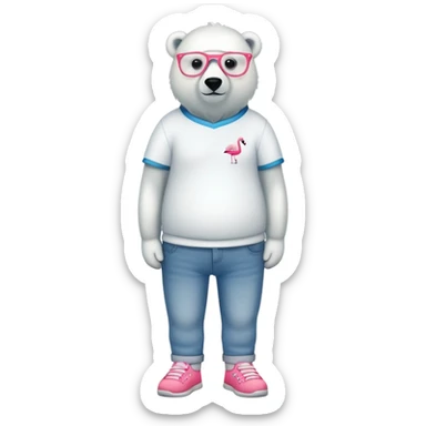 friendly anthropomorphised polar bear standing upright, chilled and unbothered, wearing a shirt, jeans, trainers, glasses with flamingo frame design sticker