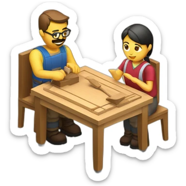 isometric woodworking teacher with student teaching sticker