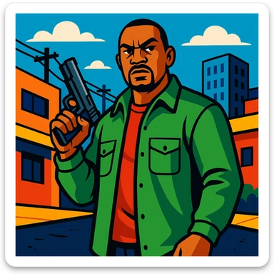 GTA-style character holding a gun, urban background, bold colors, tough expression sticker