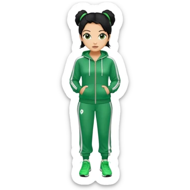 Cha Age: Late 40s
a woman with black hair tie, Green player tracksuit sticker