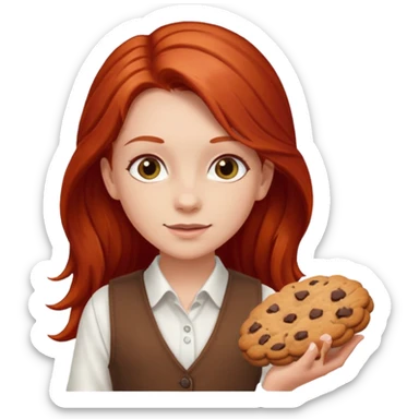 white girl scout with red long hair selling cookies with a brown vest and white shirt under vest. She should be around 10 years old sticker