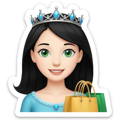 zadowlona czarnowłosa ksiezniczka z dlugimi wlosami i ma niebiesko zielone oczka jest zadowolona z zakupami sticker