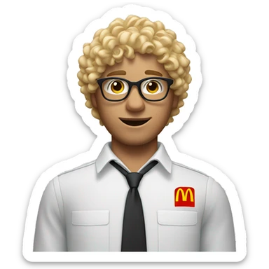 blonde curly hair man with acne and glasses in mcdonald’s uniform and wearing mcdonald hat sticker