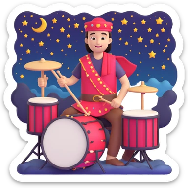 cheerful drummer with a sahur drum, night sky sticker