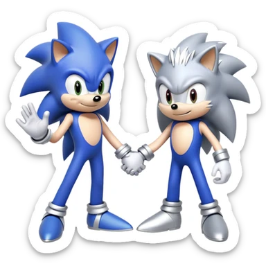 Blue Sonic the Hedgehog and silver-colored Silver the Hedgehog holding hands together side by side sticker