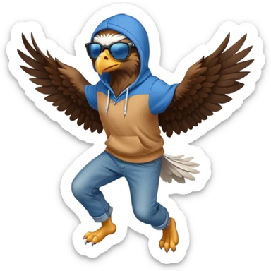 friendly anthropomorphised eagle with arms in a hoodie and jeans jumping and wearing sunglasses sticker