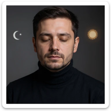 Vertical portrait of a man's face in a realistic style with closed eyes. Include symbols of the moon and sun near the face to represent the day-night cycle of fasting. The atmosphere should convey natural balance. sticker