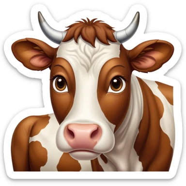 Cinematic Noble Brown and White Cow Portrait Emoji, Poised and regal, with a large, sturdy build and a beautifully patterned hide of rich brown accented by crisp white patches, deep-set soulful brown eyes, Simplified yet sharp and sophisticated features, highly detailed, glowing with a soft, dignified glow, high shine, intelligent and calm, stylized with an air of pastoral majesty, focused and attentive, soft glowing outline, capturing the essence of a watchful and confident bovine guardian, so majestic it feels as though it could amble out of the screen with effortless authority! sticker