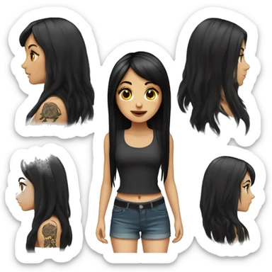 white girl with long black hair and bangs and tattoos sticker