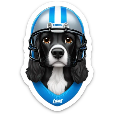 black springer spaniel wearing detroit lions football helmet sticker