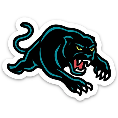 Penrith Panthers rugby league logo, fierce panther head, black and teal, bold lines, minimal background sticker