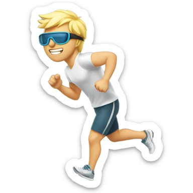 blonde guy wearing silver sports goggles running on a treadmill, athletic build sticker