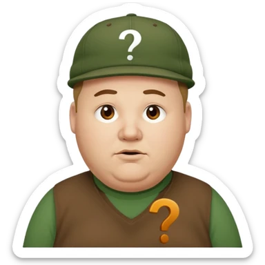 white fat man with brown cap and green t shirt printeed a question mark sticker