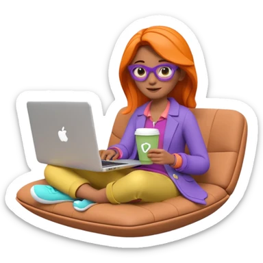 3D clay woman character relaxed with laptop and coffee in Paris, floating icons (dollars), colofrful modern outfit, white laptop, Pixar style, transparent background sticker
