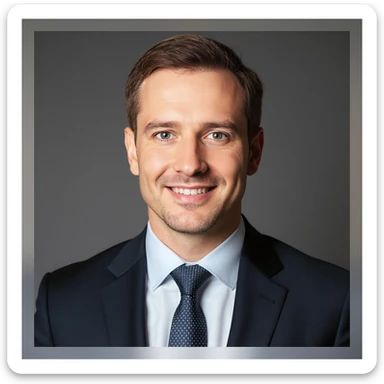 Make the professional looking white pale man with brown hair smile, keep business attire and realistic style, neutral background, professional photography style. sticker