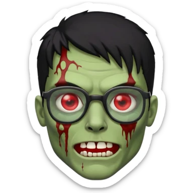 homem zumbi de óculos cabelo preto com muita olheira deixar pele dele verde dentes brancos e olhos vermelhos e ensanguentados deixar óculos quadrado e preto e olhos cheio de veias vermelhas e encher o rosto de piercings colocar piercing em todo rosto sticker